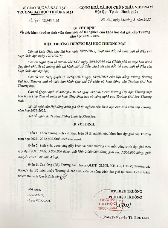 Quyết định khen thưởng sinh viên thực hiện nghiên cứu đề tài khoa học cấp trường năm học 2021 - 2022