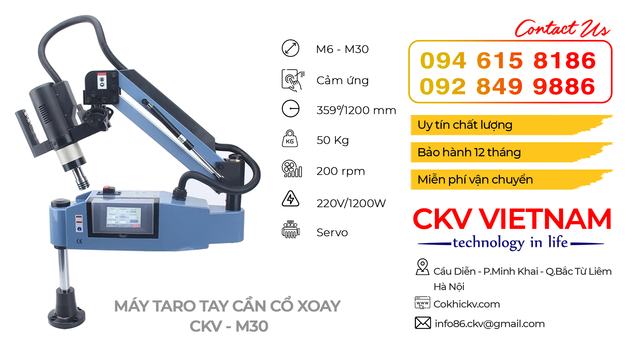Thông số kỹ thuật máy taro tay cần cổ xoay 359 độ CKV-M30