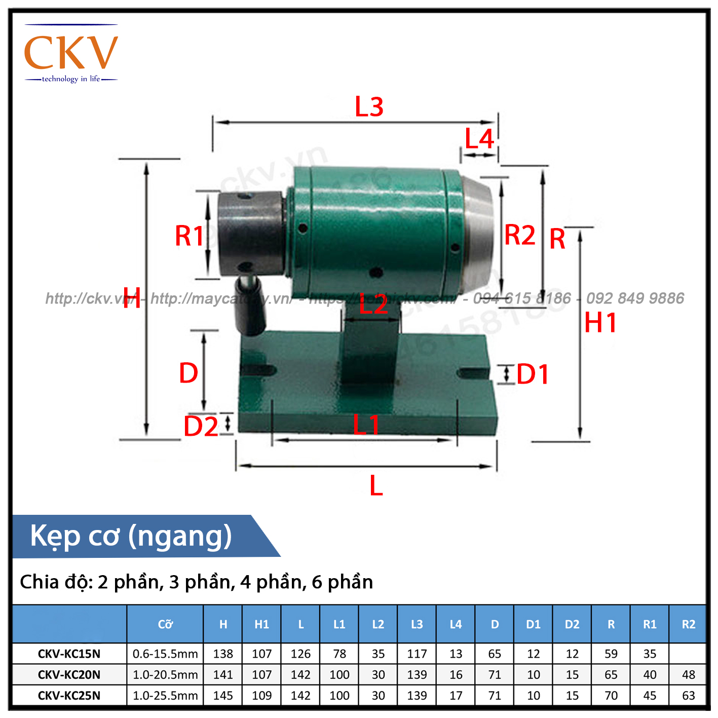 Thông số gá kẹp cơ (ngang) chia độ