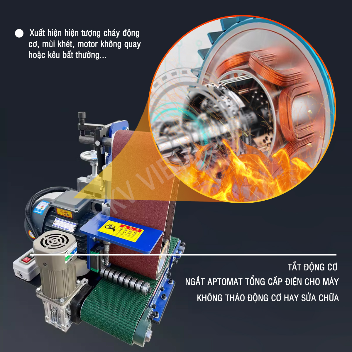 Dừng máy và giữ nguyên hiện trạng khi có hiện tượng cháy, mùi khét