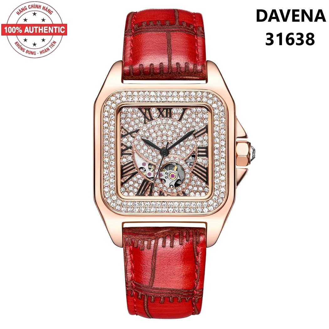 Đồng Hồ Nữ Davena Tự Động 31638 Dây Da Đỏ Rose Gold 33mm