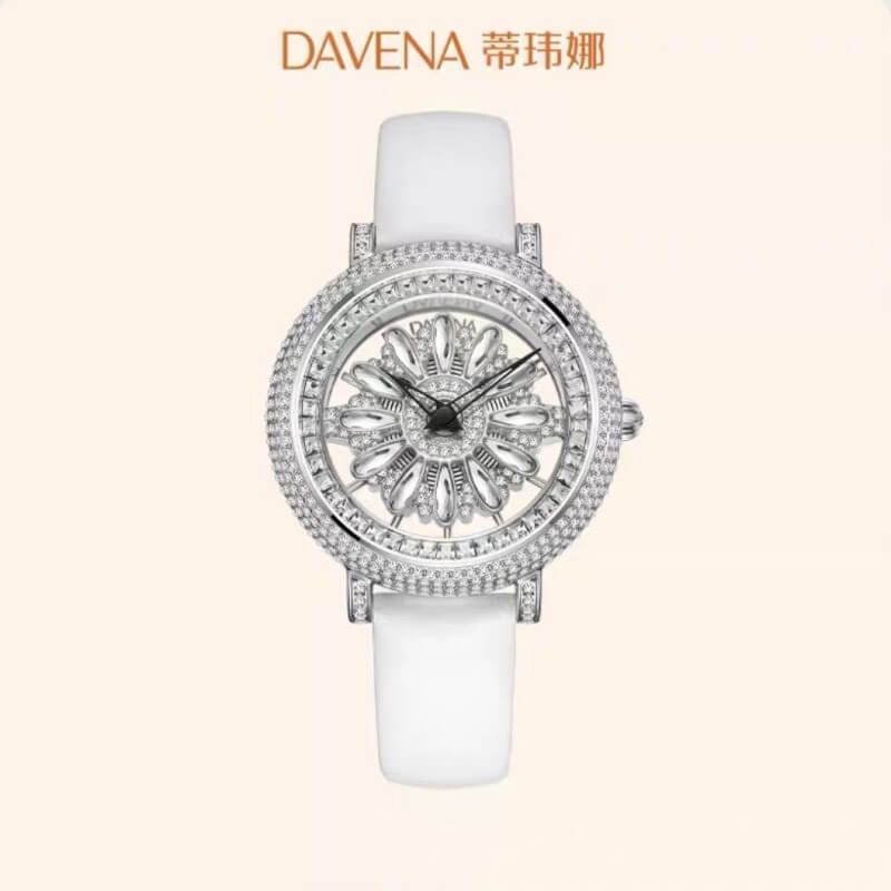 Đồng Hồ Davena Nữ Chính Hãng - Davena 32101 Dây Da Trắng Mặt Hoa Xoay 38mm