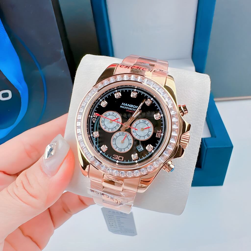 Đồng Hồ Nam Hanboro Automatic Crystal Bezel Rose Gold 42mm HB8023