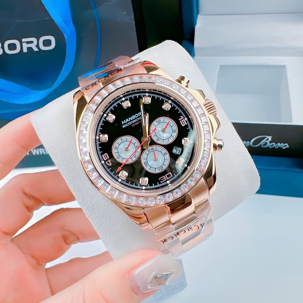 Đồng Hồ Nam Hanboro Automatic Crystal Bezel Rose Gold 42mm HB8023