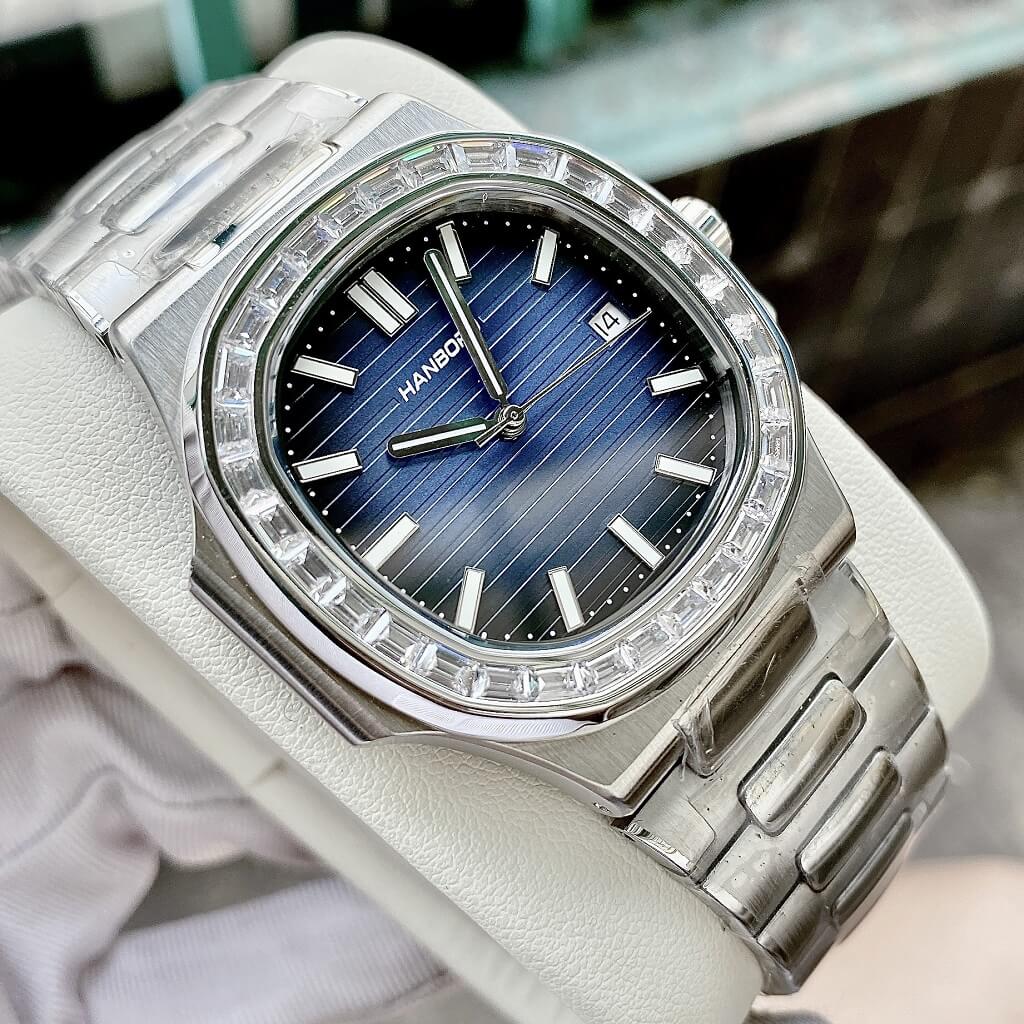 Đồng Hồ Nam Hanboro Nautilus Tự Động Viền Đá Blue Silver 40mm