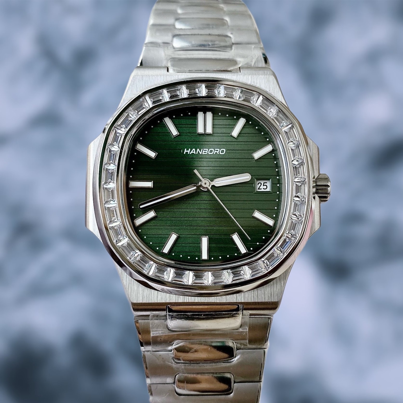 Đồng Hồ Nam Hanboro Nautilus Tự Động Viền Đá Green Silver 40mm