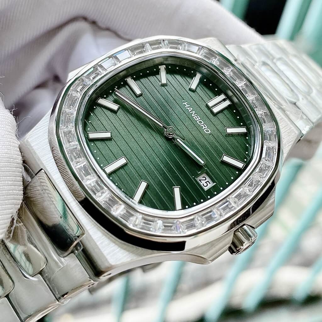 Đồng Hồ Nam Hanboro Nautilus Tự Động Viền Đá Green Silver 40mm