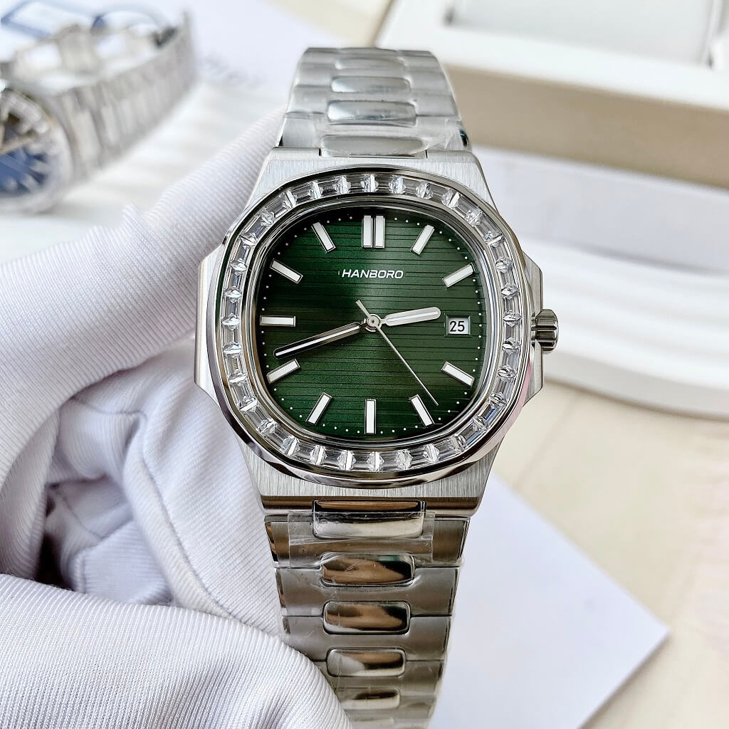 Đồng Hồ Nam Hanboro Nautilus Tự Động Viền Đá Green Silver 40mm