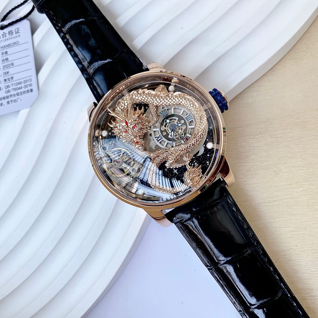 Đồng Hồ Nam Hanboro Rồng Máy Tự Động Dây Da Vỏ Rose Gold 44mm