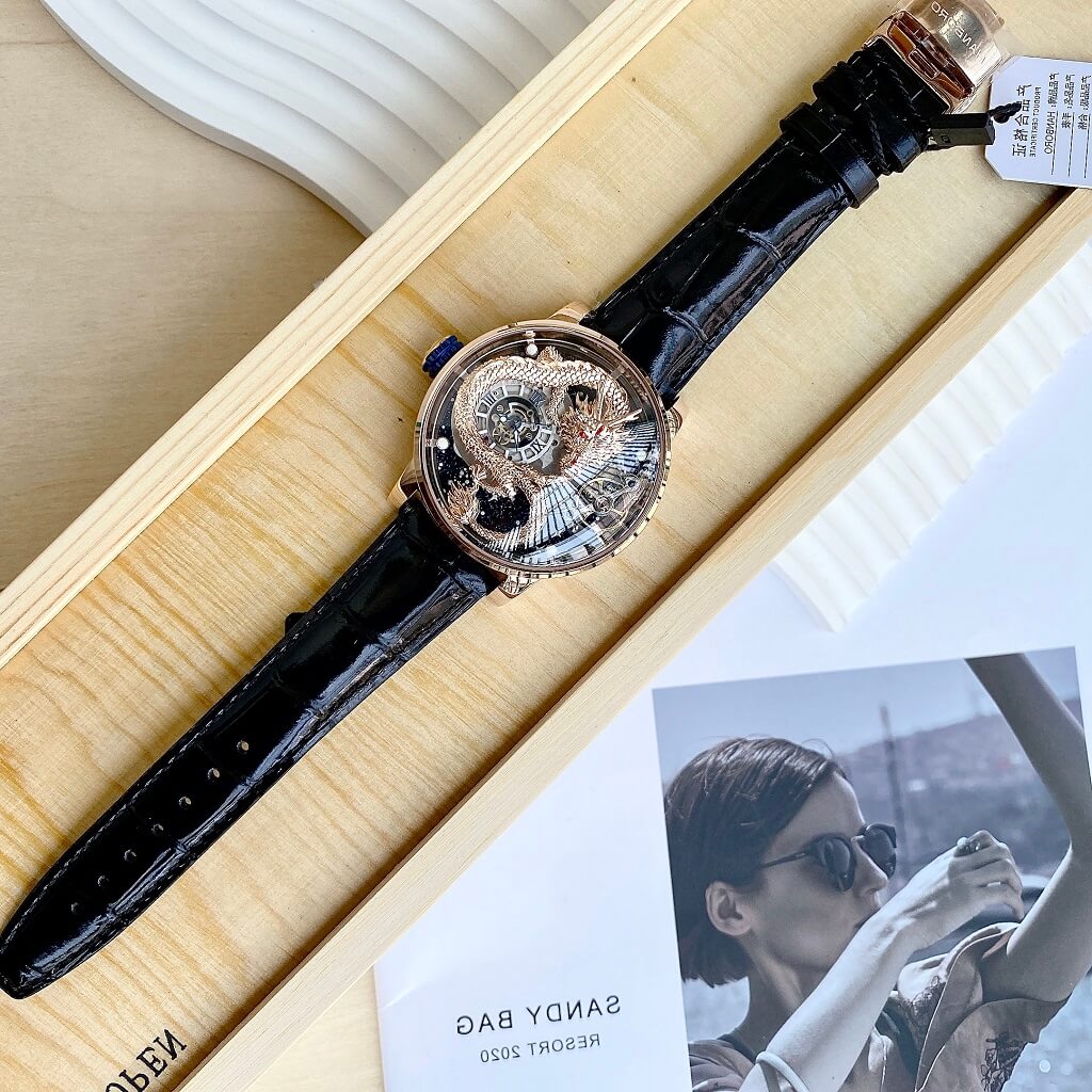 Đồng Hồ Nam Hanboro Rồng Máy Tự Động Dây Da Vỏ Rose Gold 44mm