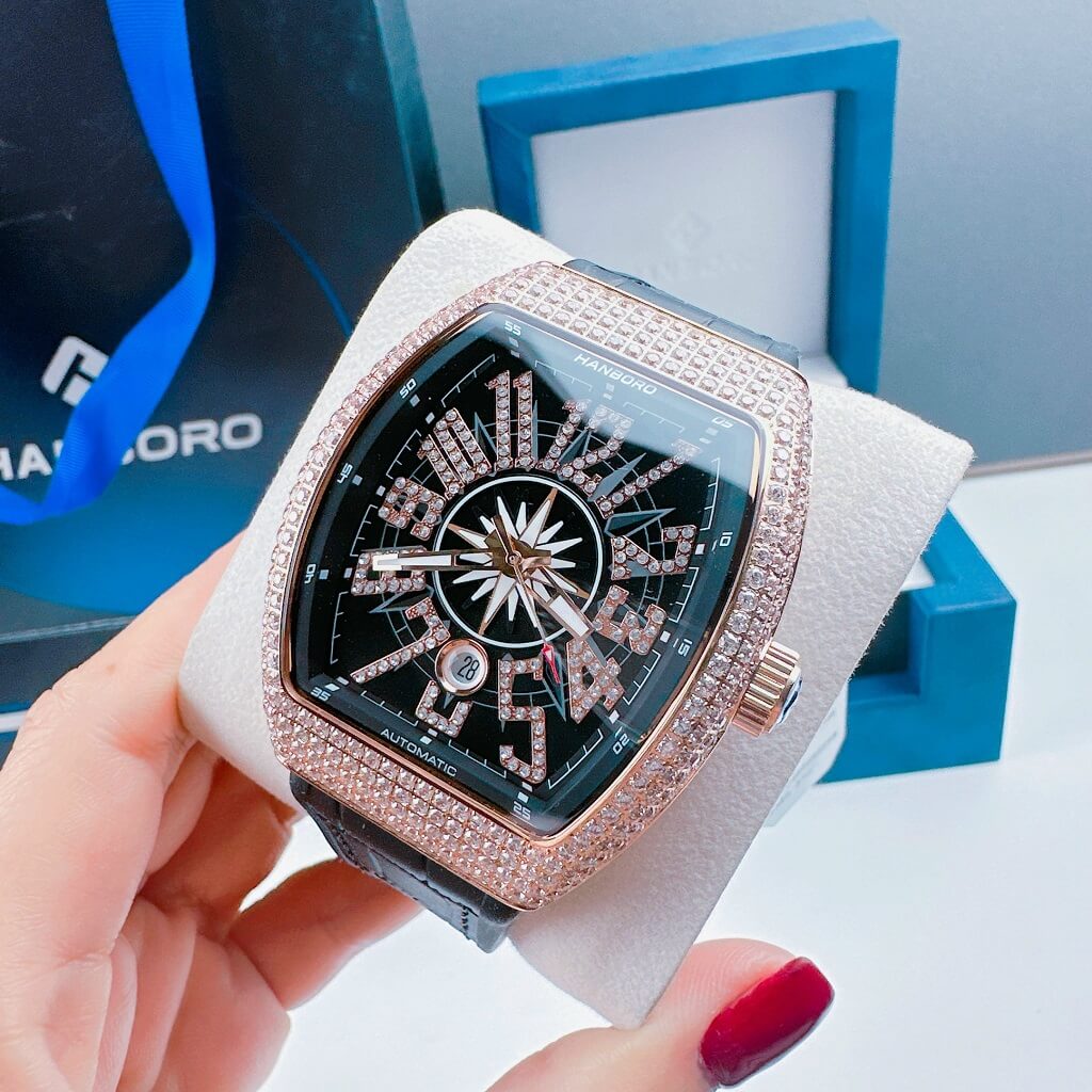 Đồng Hồ Nam Hanboro Tự Động Dây Cao Su Black Rose Gold 44mm