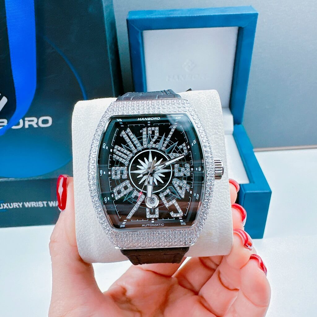 Đồng Hồ Nam Hanboro Tự Động Dây Cao Su Black Silver 44mm