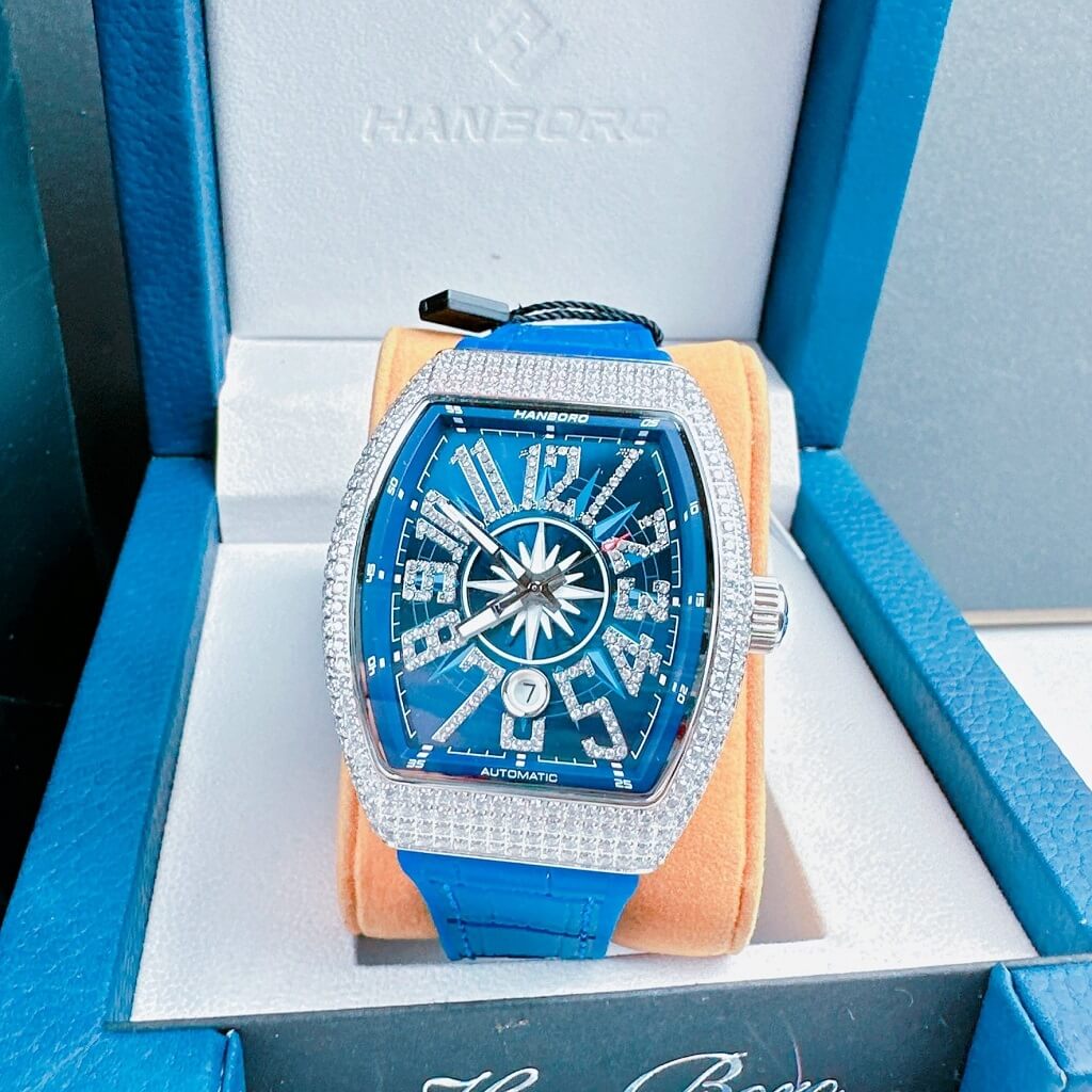 Đồng Hồ Nam Hanboro Tự Động Dây Cao Su Blue Silver 44mm