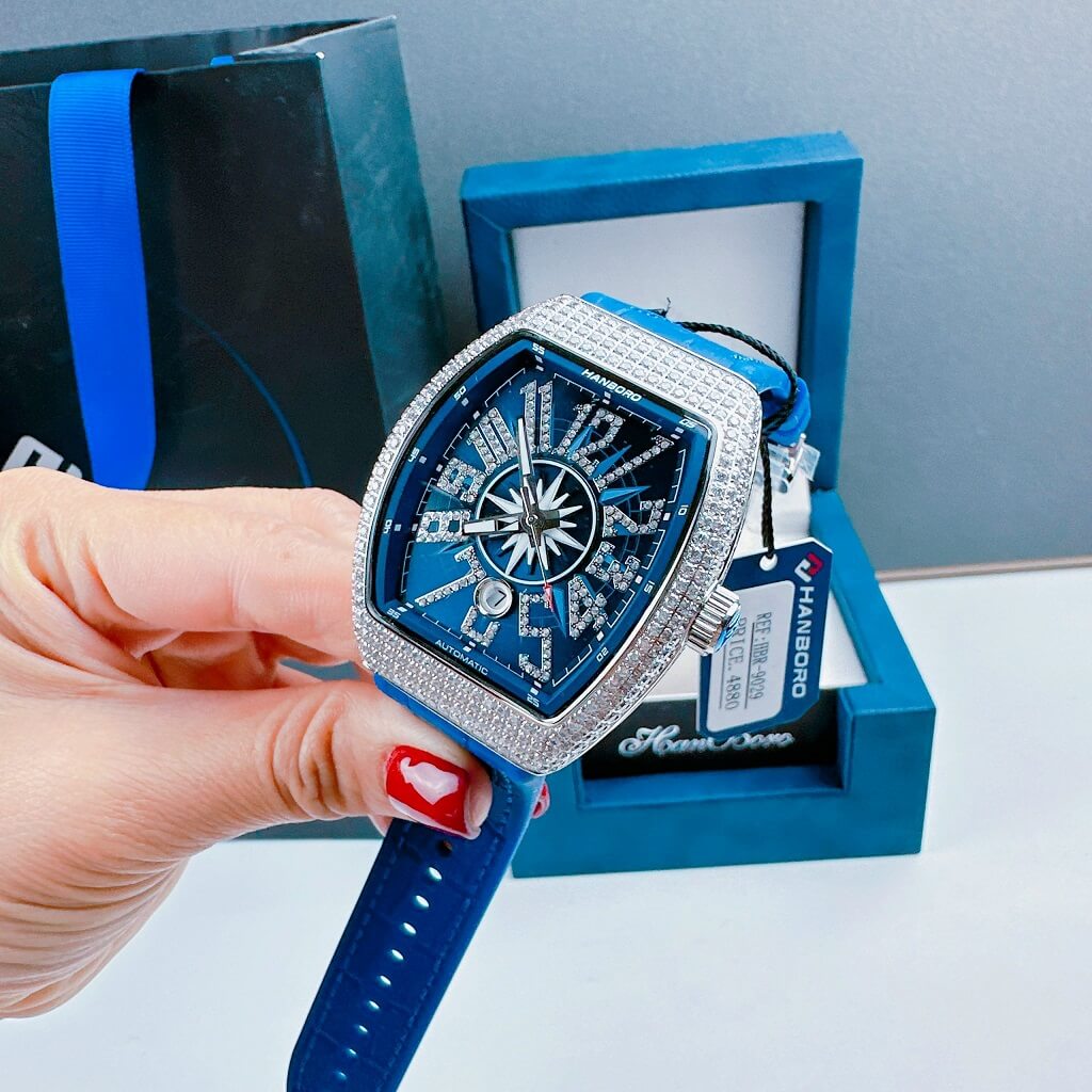 Đồng Hồ Nam Hanboro Tự Động Dây Cao Su Blue Silver 44mm