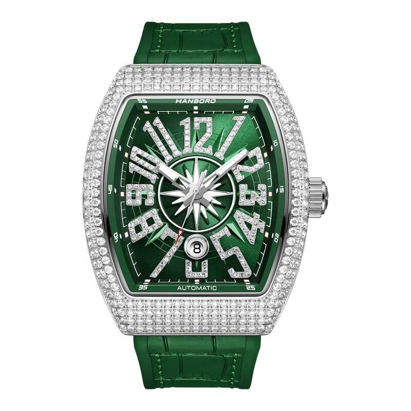 Đồng Hồ Nam Hanboro Tự Động Dây Cao Su Green Silver 44mm