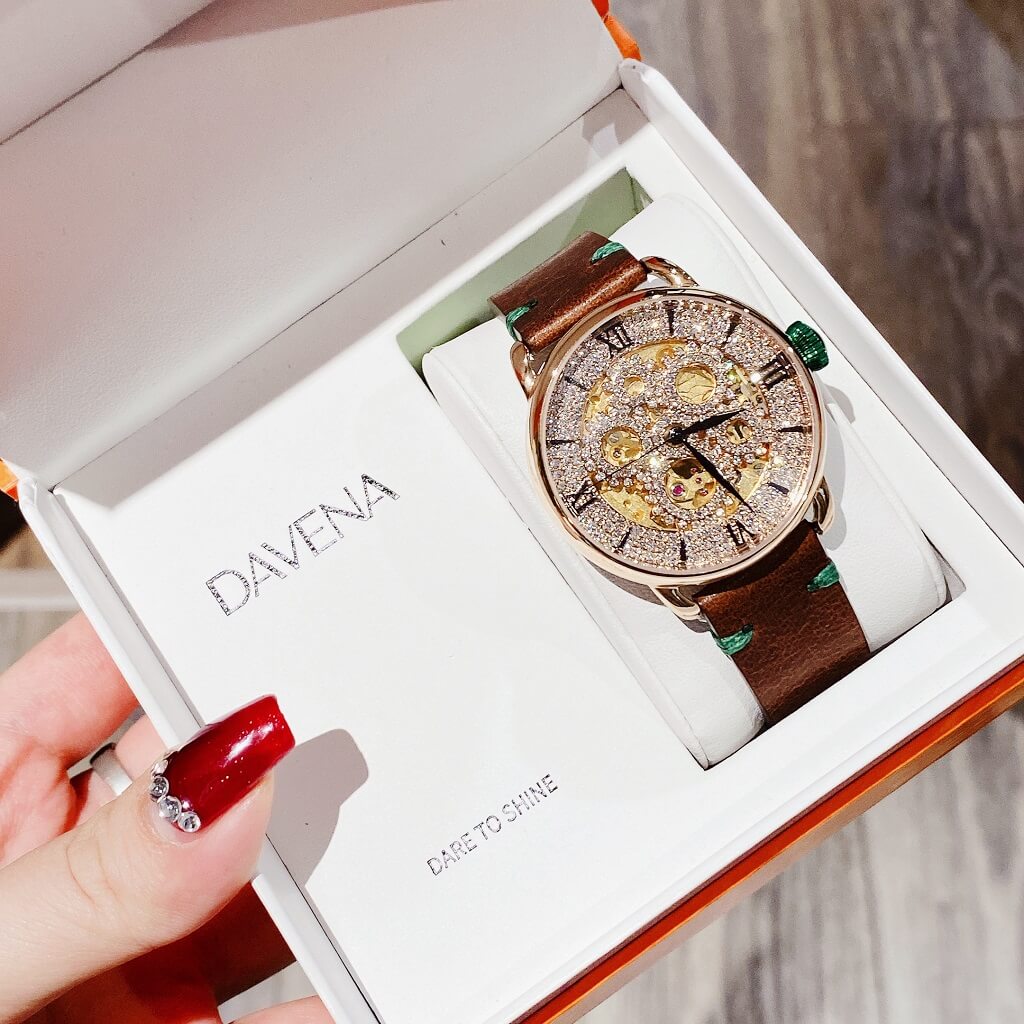 Đồng Hồ Nữ Davena 31935 Tự Động Dây Da Nâu Rose Gold 38mm