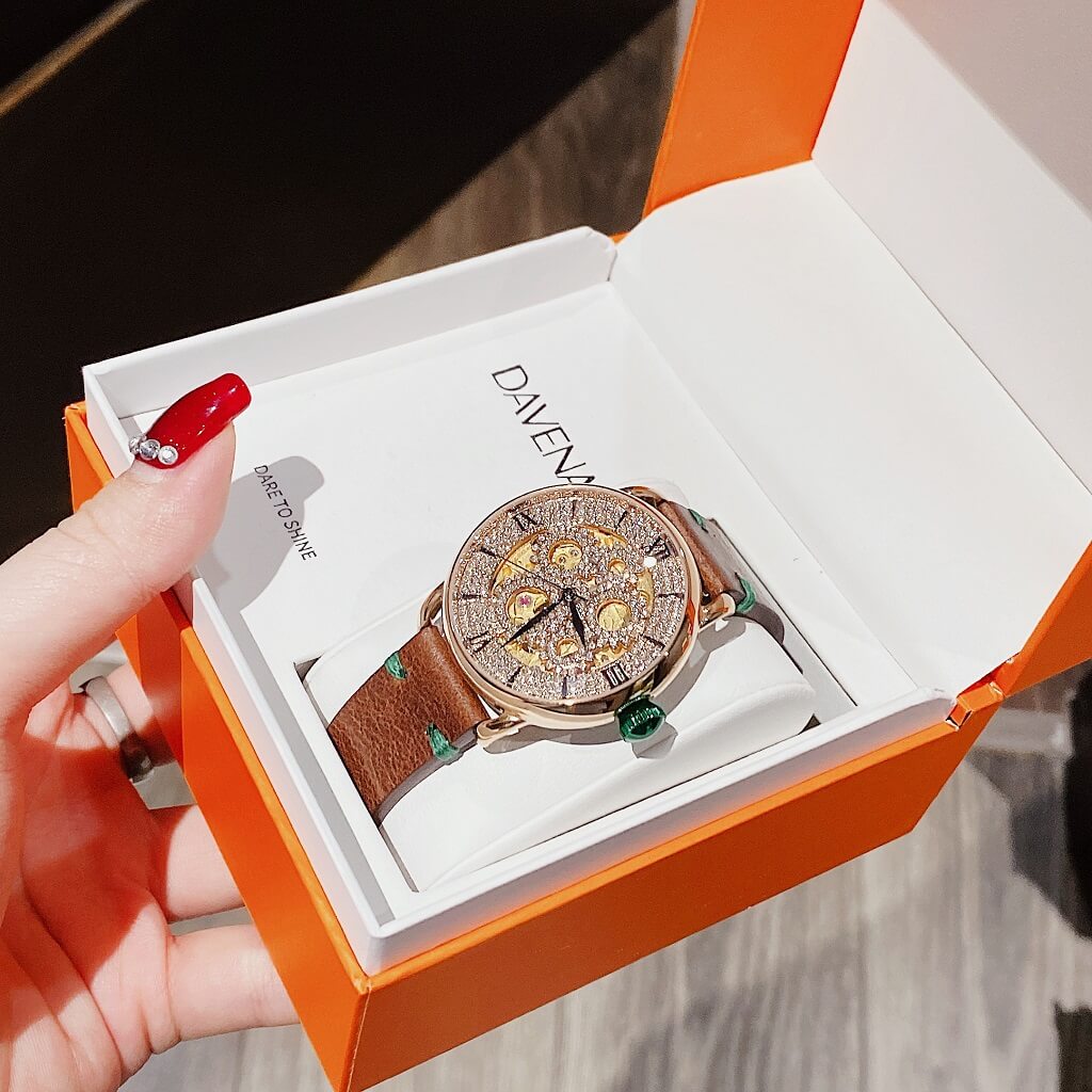 Đồng Hồ Nữ Davena 31935 Tự Động Dây Da Nâu Rose Gold 38mm