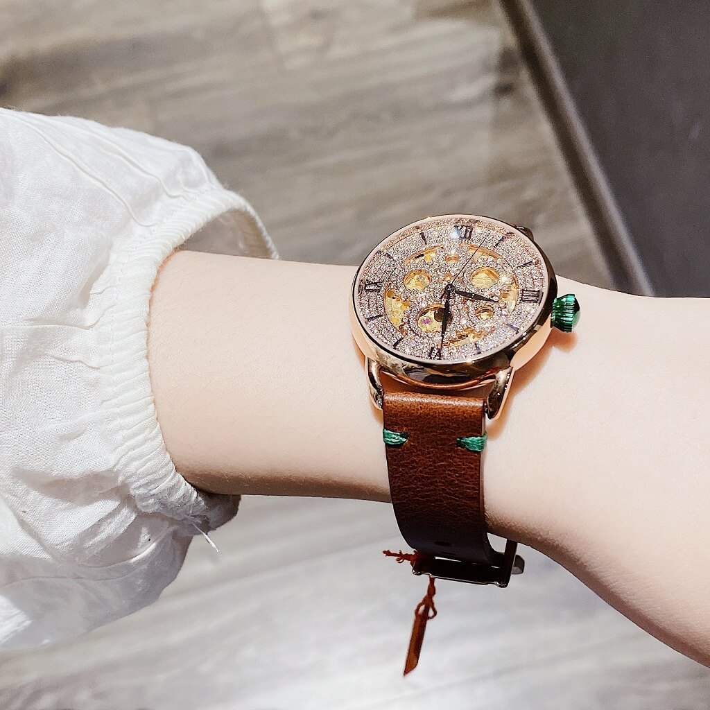 Đồng Hồ Nữ Davena 31935 Tự Động Dây Da Nâu Rose Gold 38mm