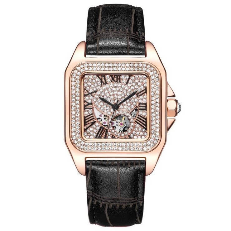 Đồng Hồ Nữ Davena Tự Động 31638 Dây Da Đen Rose Gold 33mm