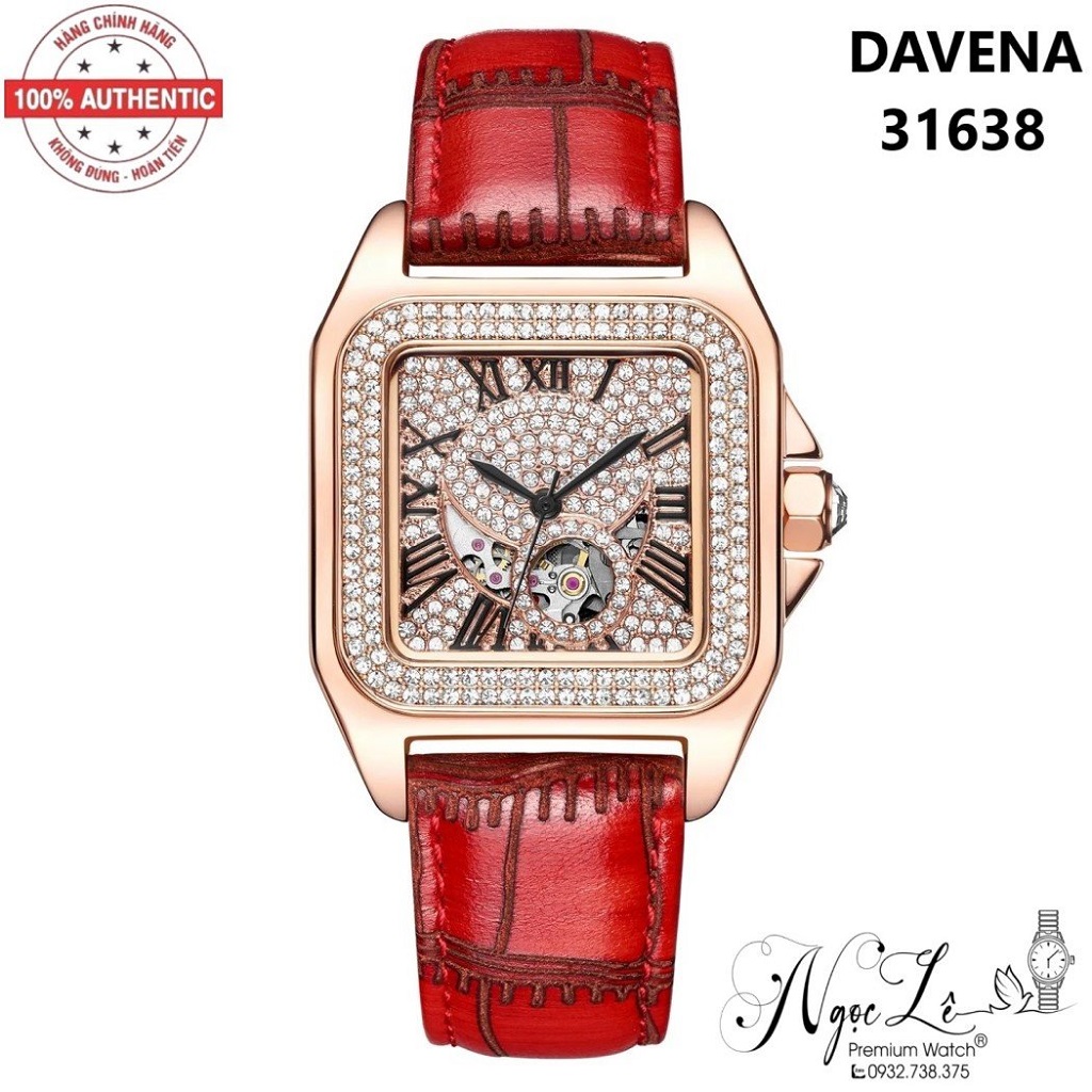 Đồng Hồ Nữ Davena Tự Động 31638 Dây Da Đỏ Rose Gold 33mm