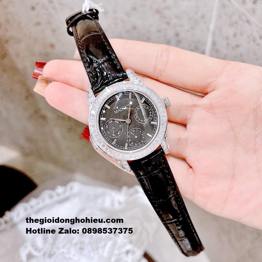 Đồng Hồ Nữ Madocy M81899 Dây Da Đen Mặt Đen Silver 33mm