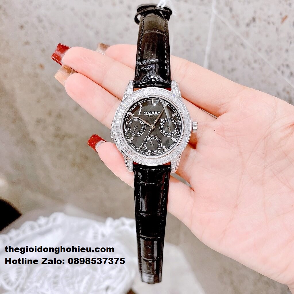 Đồng Hồ Nữ Madocy M81899 Dây Da Đen Mặt Đen Silver 33mm