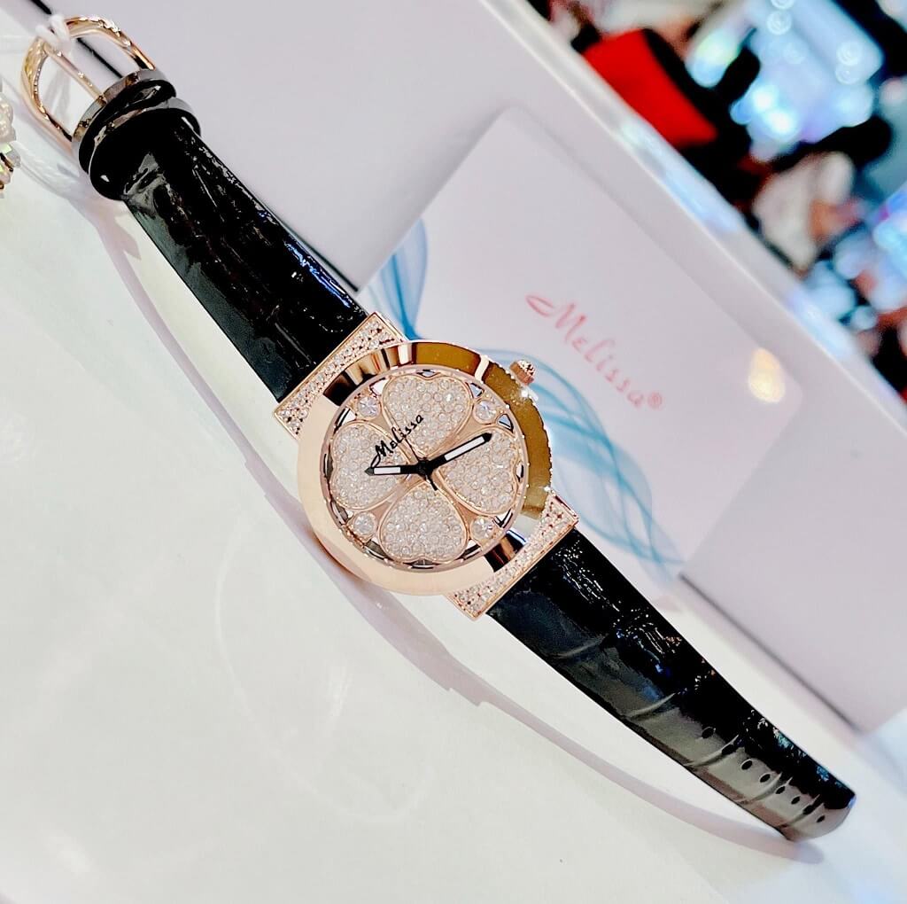 Đồng Hồ Nữ Melissa F8238 Rose Gold Dây Da Đen 32mm