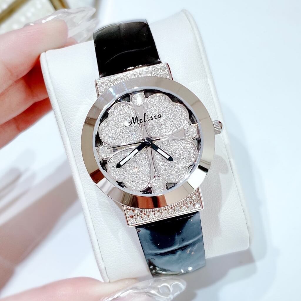 Đồng Hồ Nữ Melissa F8238 Silver Dây Da Đen 32mm Chính Hãng