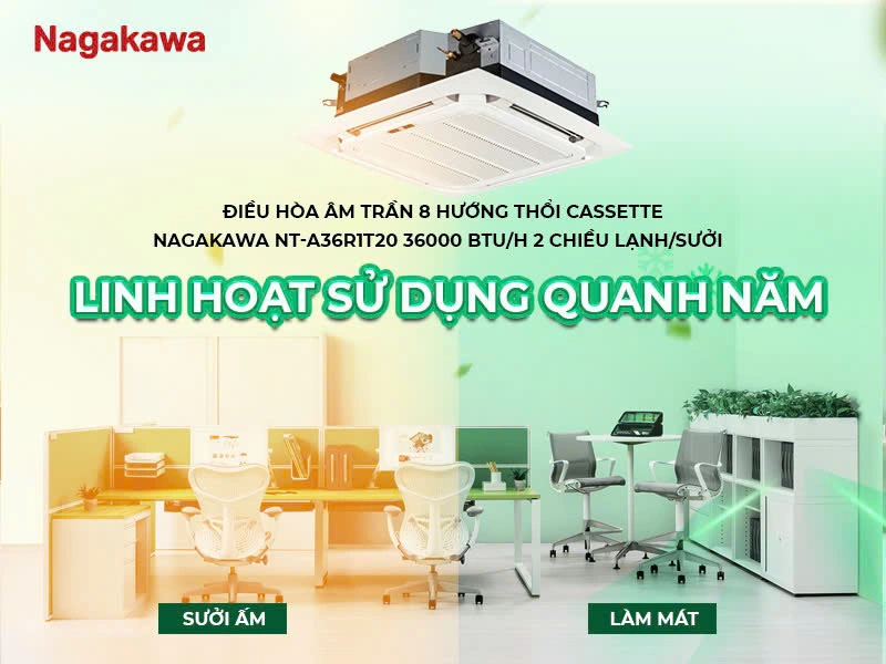 Điều hòa âm trần 8 hướng thổi Cassette Nagakawa NT-A36R1T20 36000 BTU 2 chiều