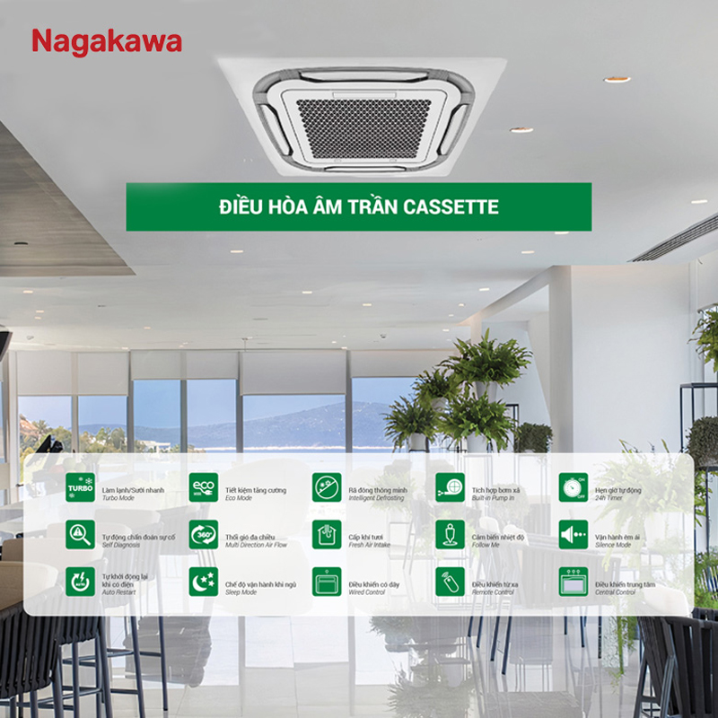 Đầy đủ tính năng tích hợp vào điều hòa âm trần Cassette Nagakawa