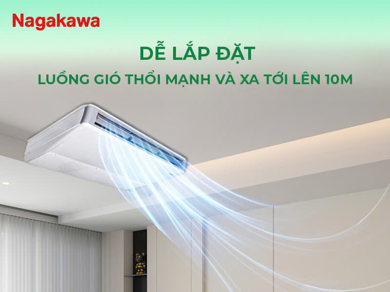 Điều hòa áp trần của Nagakawa có luồng gió mạnh và xa lên tới 10m.