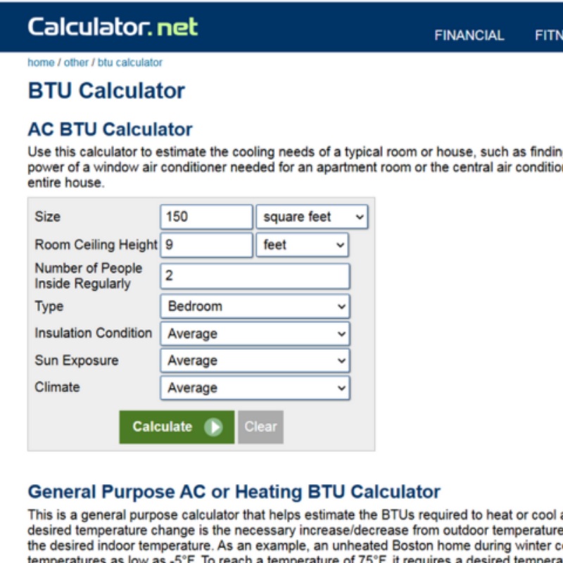 Giao diện của trang web BTU Calculator