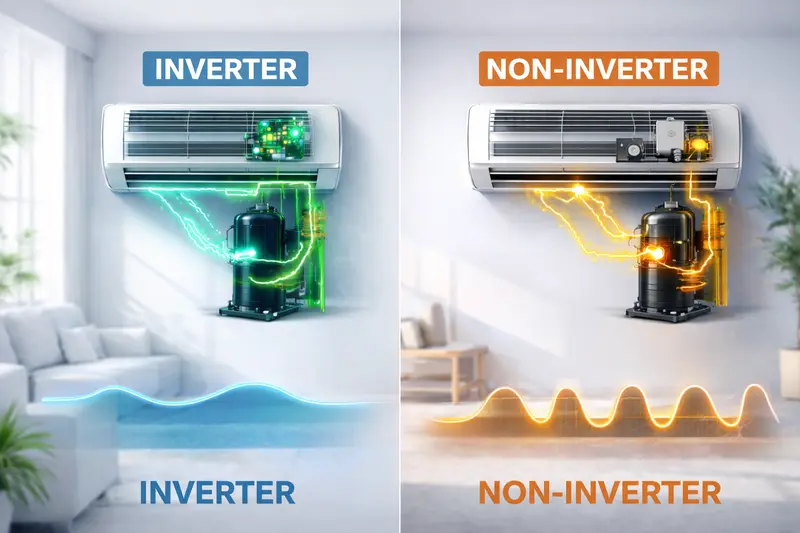 Inverter dùng công nghệ biến tần điều chỉnh công suất linh hoạt, còn điều hòa thường chỉ bật/tắt cố định.