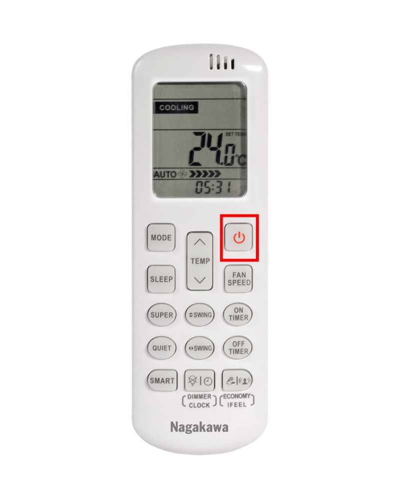Nút On/Off trên remote máy lạnh Nagakawa