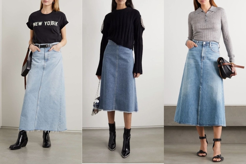 Chân váy jean dài phối với áo gì