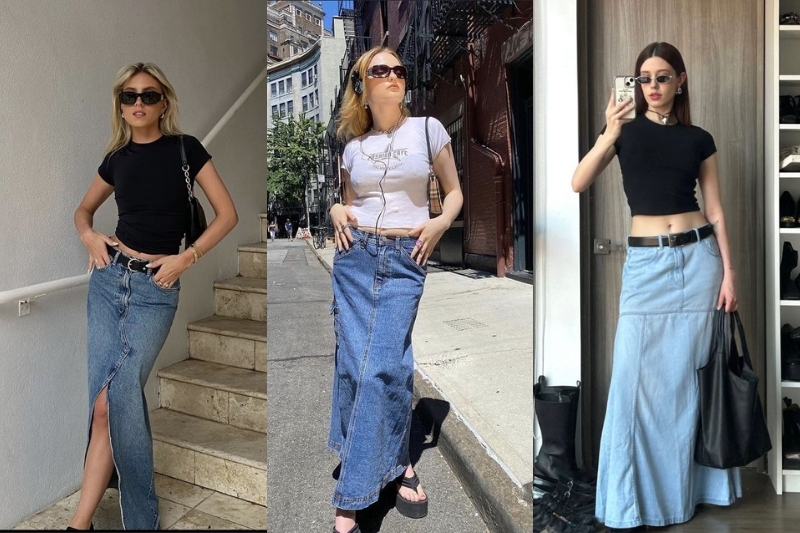 Chân váy jean dài phối với áo gì