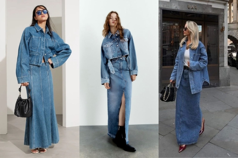 Chân váy jean dài phối với áo gì