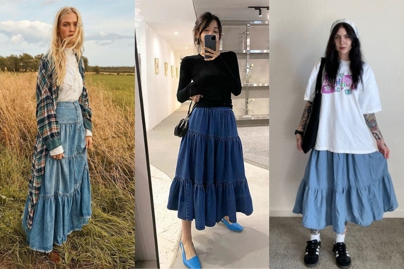 chân váy jean dài phối với áo gì