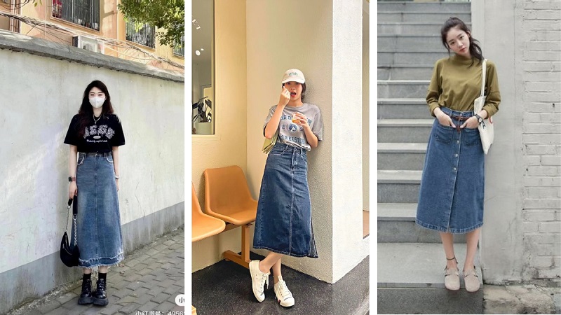 chân váy jean dài phối với áo gì