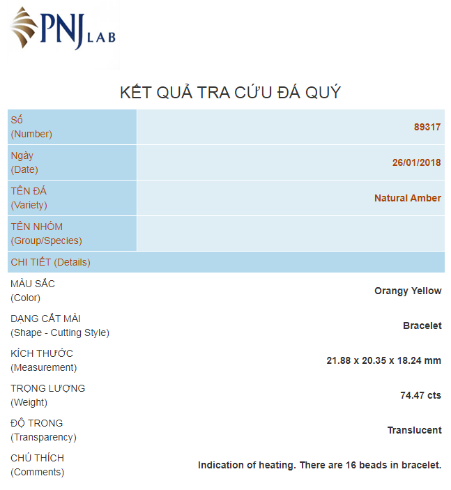 Vòng hổ phách baltic mật lạp đã được kiểm định tại PNJlab