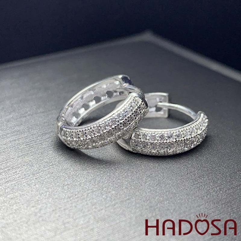 Khuyên tai bạc tròn đính đá đơn giản, sang trọng