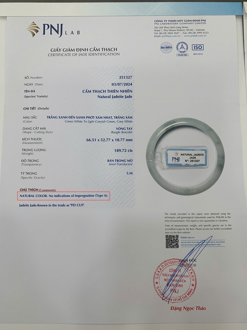 Giấy kiểm định vòng cẩm thạch loại A từ phòng giám định PNJLab