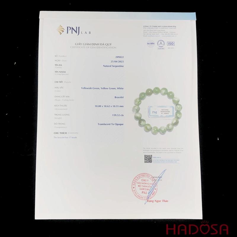 Hadosa có đầy đủ giấy tờ kiểm định chất lượng Ngọc