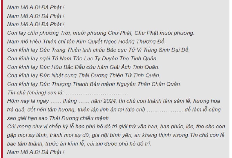 Văn khấn mẫu sao thái dương