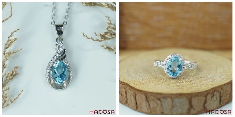 Dây chuyền và nhẫn bằng đá topaz xanh dương tuyệt đẹp
