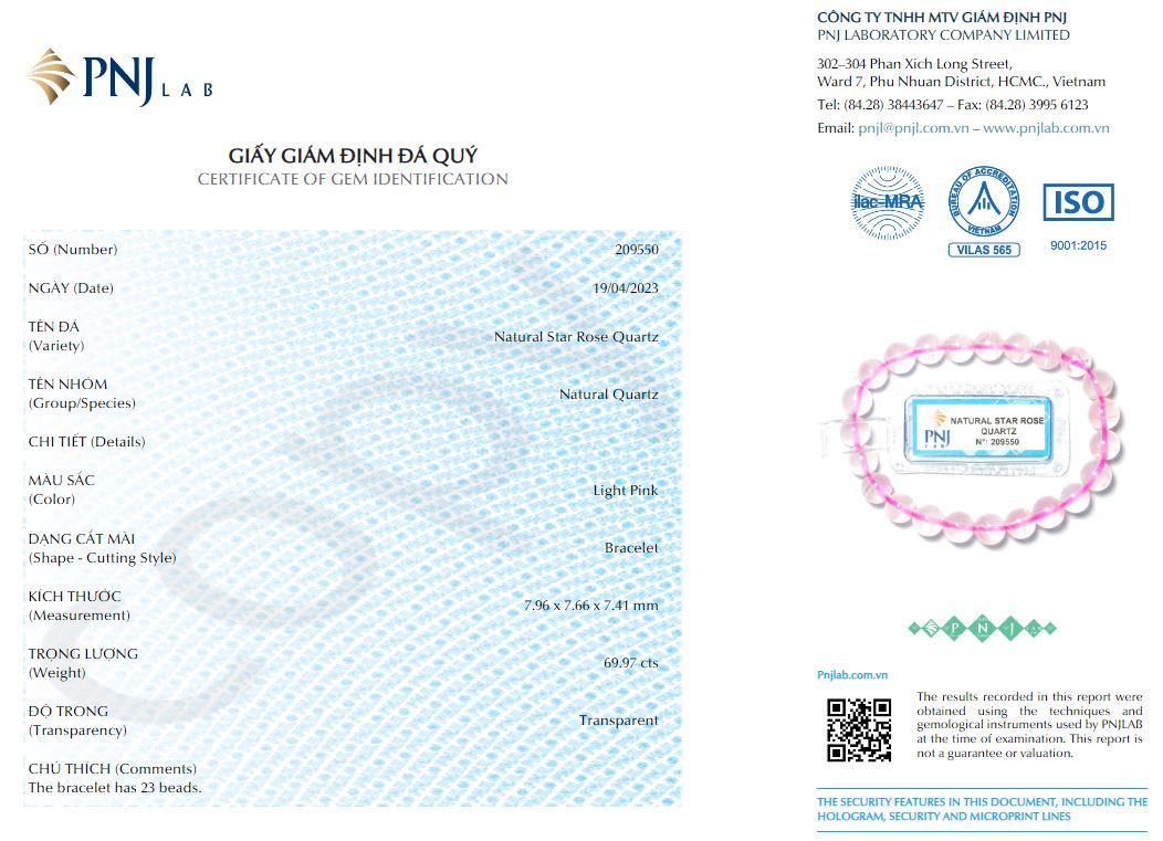 Vòng tay Thạch anh hồng sao 7mm 6A