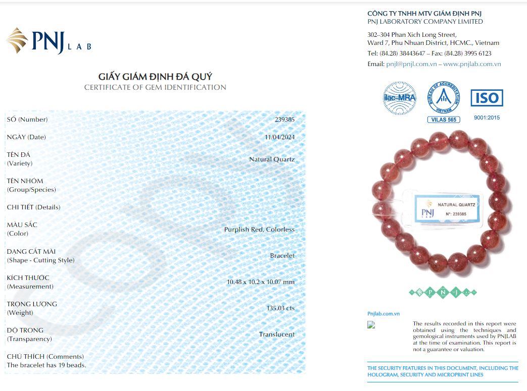 Vòng tay Thạch Anh Dâu Tây 10mm cao cấp chuẩn 6A