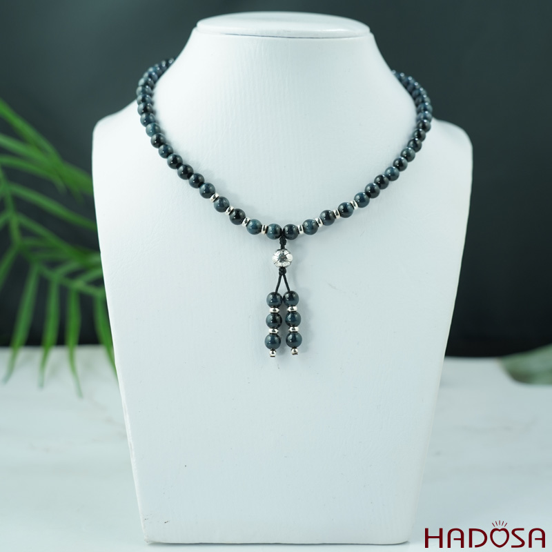Vòng 108 hạt đá Thạch Anh Mắt Chim Ưng 6mm mix charm bạc 925