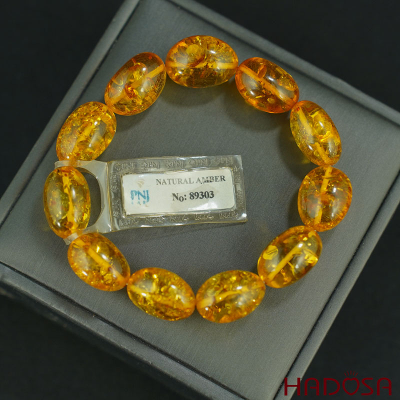 Vòng Hổ Phách vàng đậm hạt olive 11*14mm