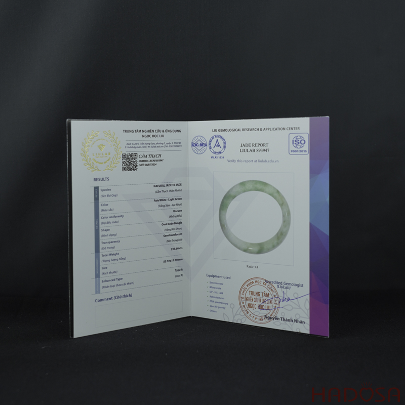 Vòng Ngọc Cẩm Thạch Jade A lá hẹ trắng môn phớt lý ni 54